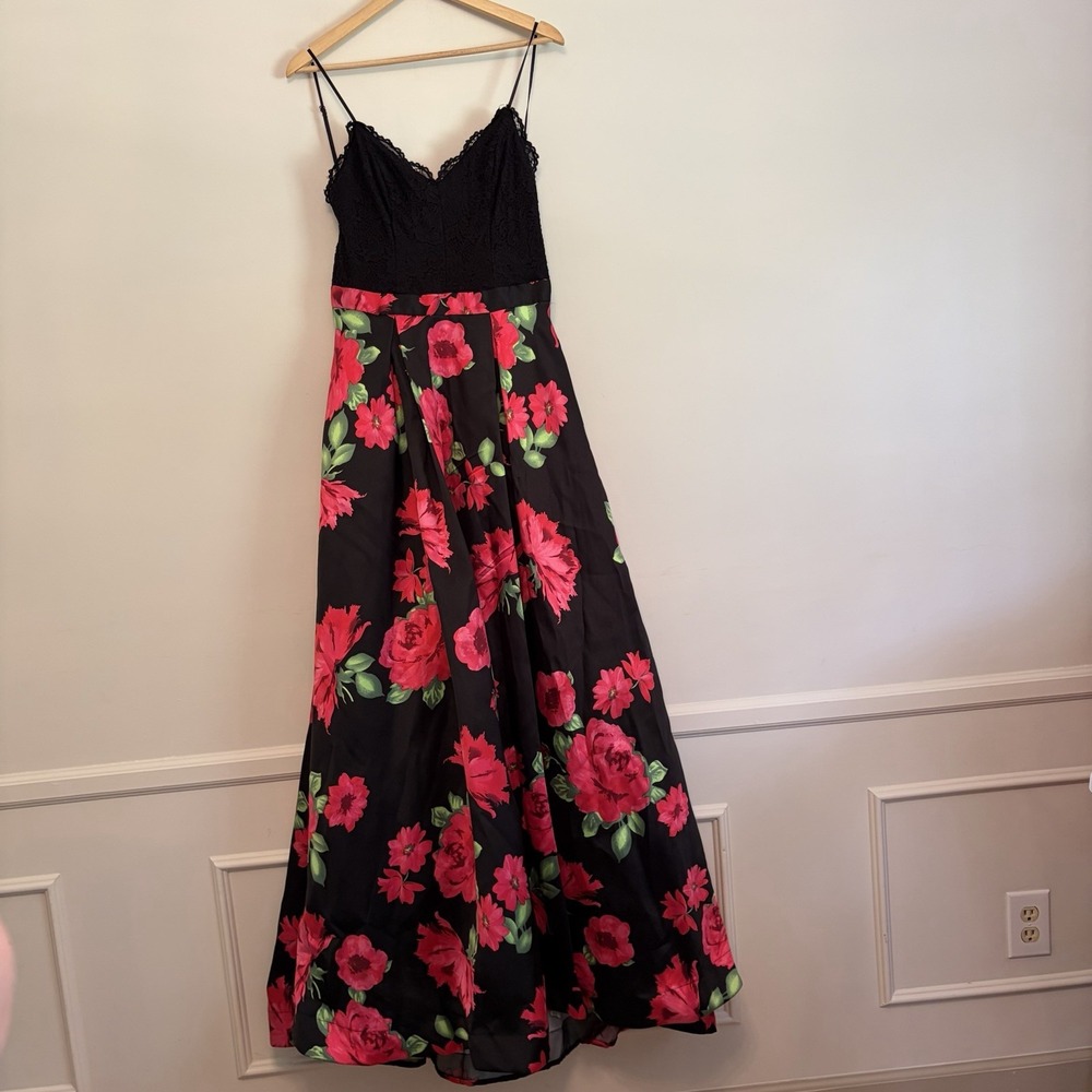 B. Darlin Black Pink Floral Long Dress Prom Formal Homecoming Dance Elegant Sz 7